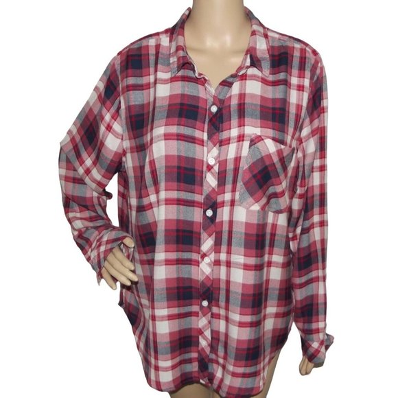 Time and Tru Flannel Shirt XXL (20) Red Navy Blue plaid long sleeve 2x - Picture 1 of 9